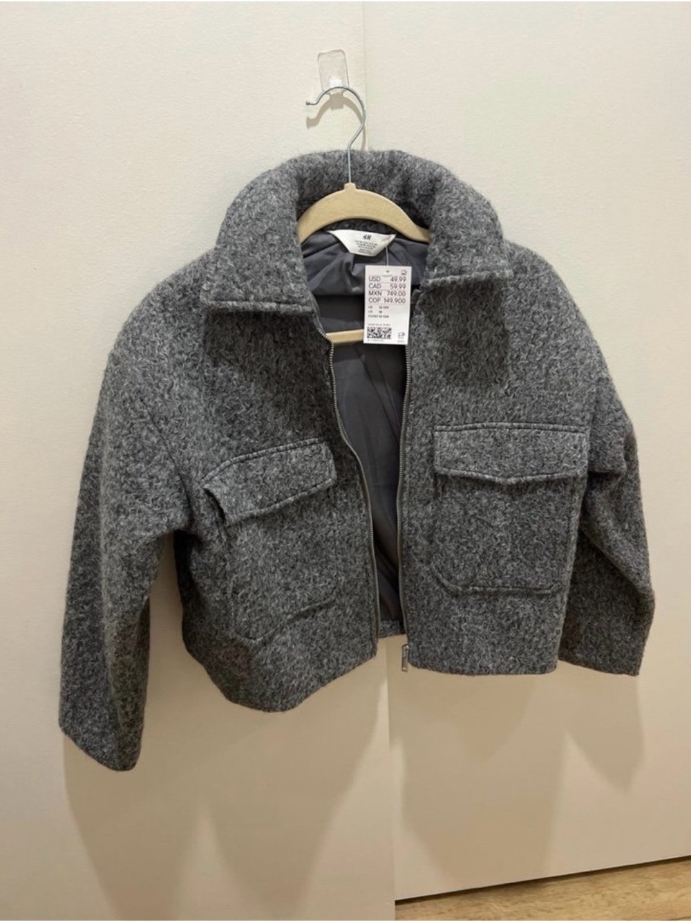 H&M Cropped Bouclé Jacket Front Pocket and Zipper Outerwear -Gray for Kids